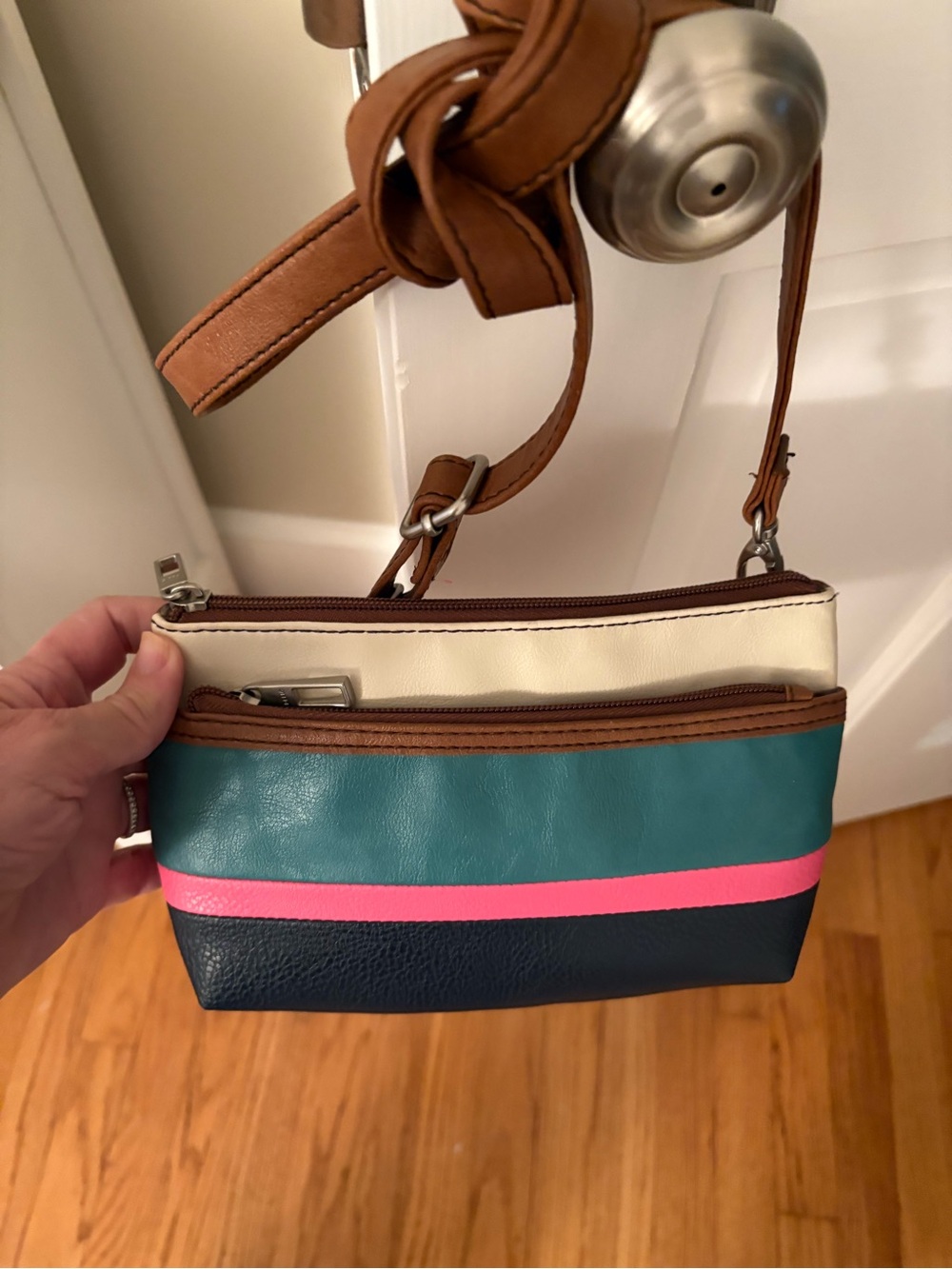 Relic Colorblock Crossbody in Teal, Pink, Navy & Cream with Brown Trim